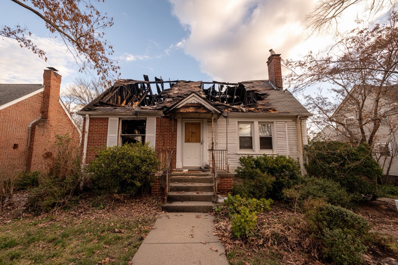 Fire damaged property exterior in Washington DC residential area