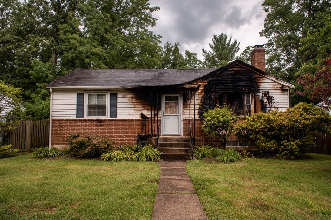Fire damaged house exterior in Maryland suburban neighborhood