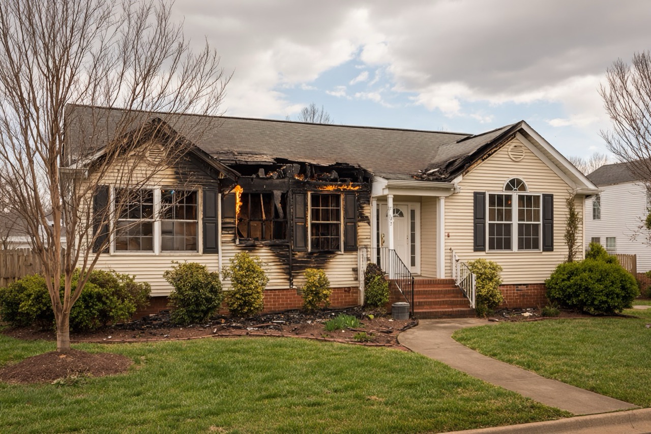 Fire damaged house Virginia exterior showing smoke damage