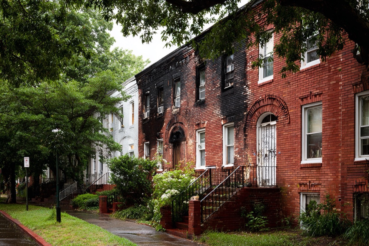 Fire damaged row house in Washington DC neighborhood