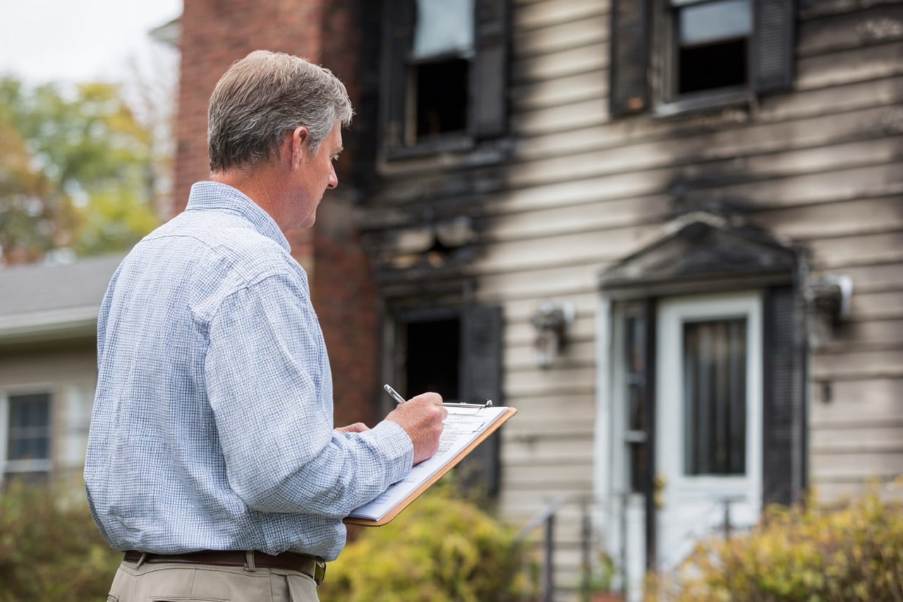 Professional assessing fire damaged property in Maryland