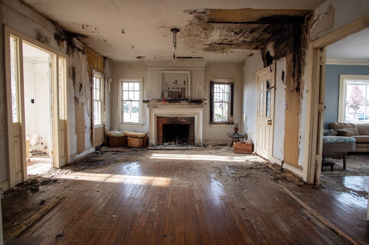 Virginia fire damaged property interior showing structural damage