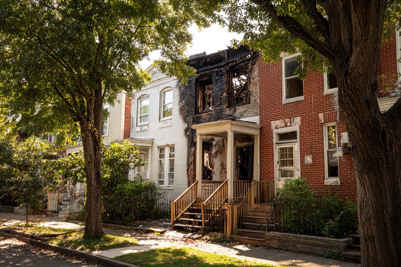 Fire damaged house in Washington DC neighborhood awaiting sale