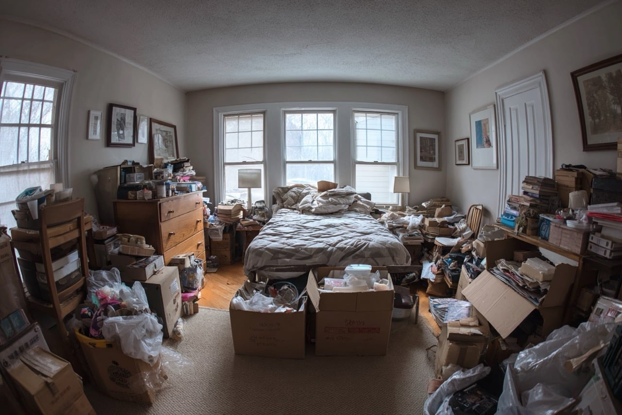 Hoarder house interior Maryland with cluttered rooms