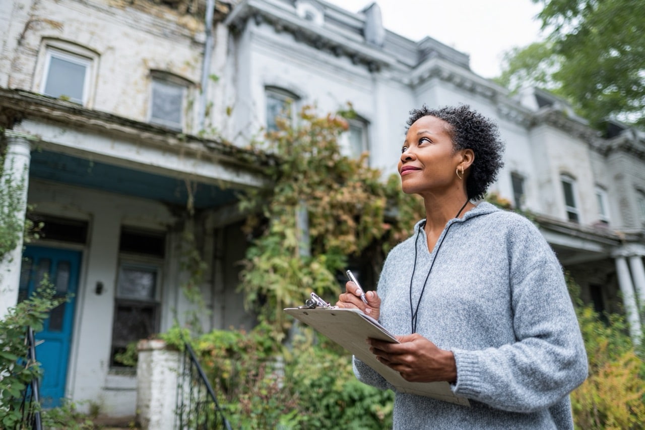 Cash buyer viewing storm damaged home in Washington DC