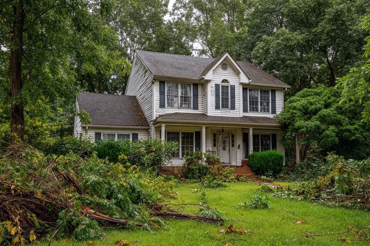 Maryland house with visible storm damage requiring repairs