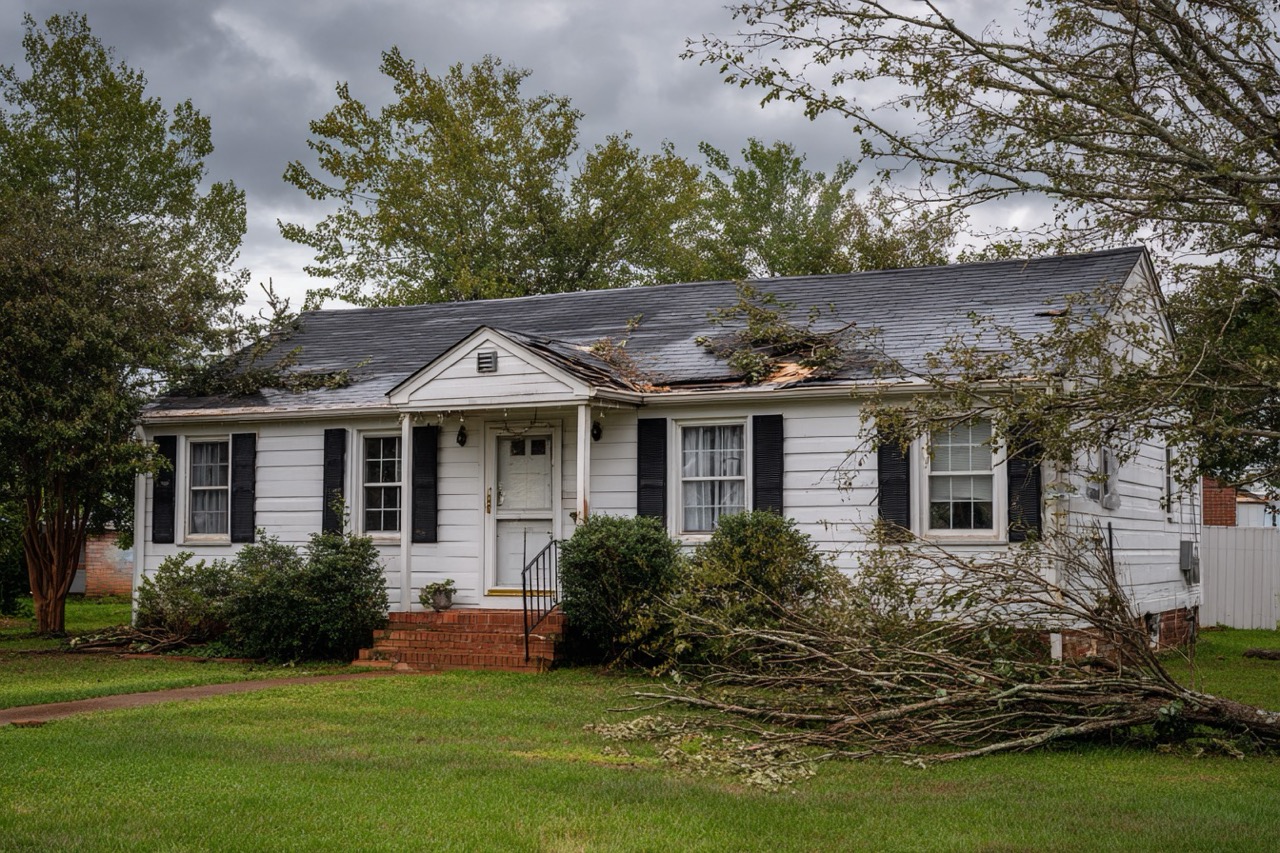 Storm damaged house exterior in Virginia showing roof damage and debris