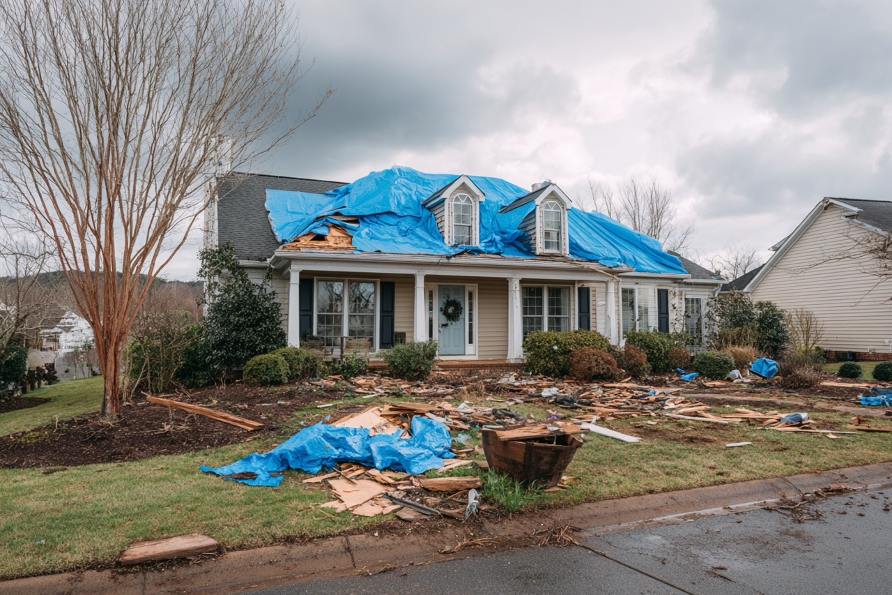 Virginia residential home with tarped roof from storm damage